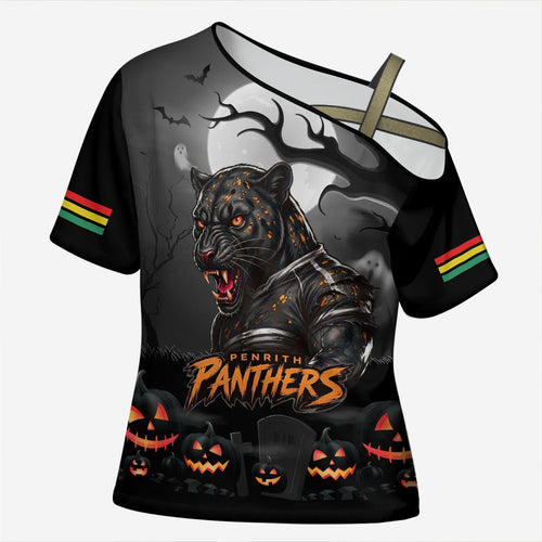 Custom Halloween Penrith Panthers Cross Shoulder Shirt Spooky Australia Mascot Rugby
