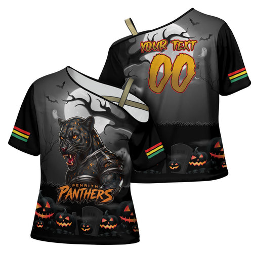 Custom Halloween Penrith Panthers Cross Shoulder Shirt Spooky Australia Mascot Rugby