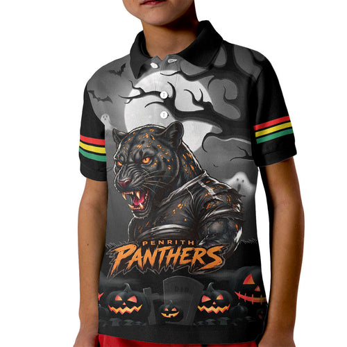 Custom Halloween Penrith Panthers Kid Polo Shirt Spooky Australia Mascot Rugby