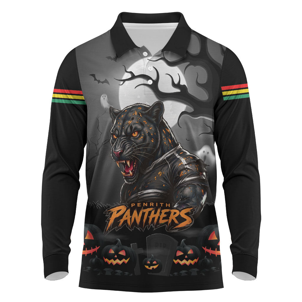 Custom Halloween Penrith Panthers Long Sleeve Polo Shirt Spooky Australia Mascot Rugby