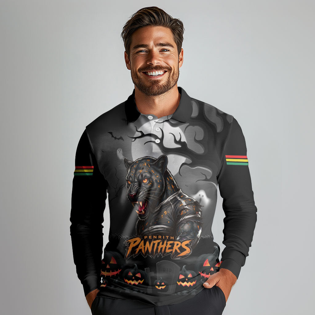 Custom Halloween Penrith Panthers Long Sleeve Polo Shirt Spooky Australia Mascot Rugby