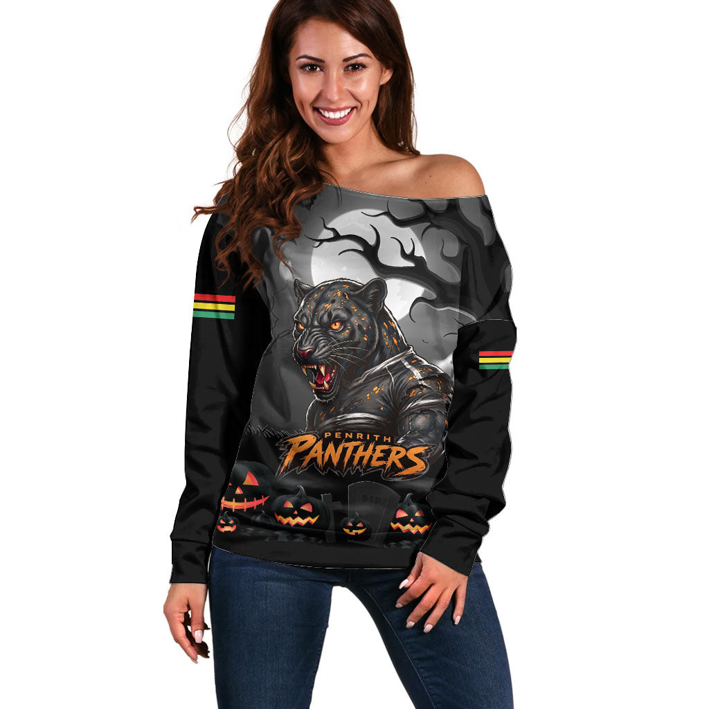 Custom Halloween Penrith Panthers Off Shoulder Sweater Spooky Australia Mascot Rugby