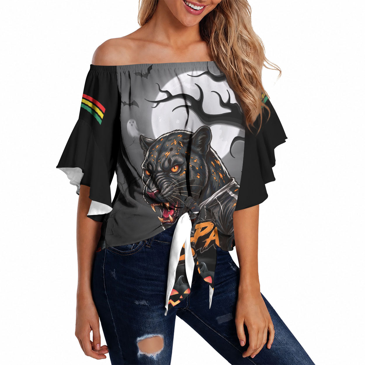 Custom Halloween Penrith Panthers Off Shoulder Wrap Waist Top Spooky Australia Mascot Rugby