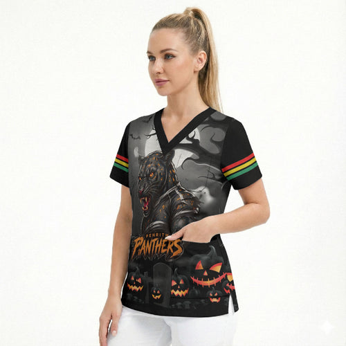 Custom Halloween Penrith Panthers Scrub Top Spooky Australia Mascot Rugby