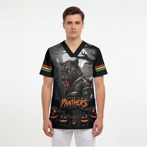 Custom Halloween Penrith Panthers Scrub Top Spooky Australia Mascot Rugby