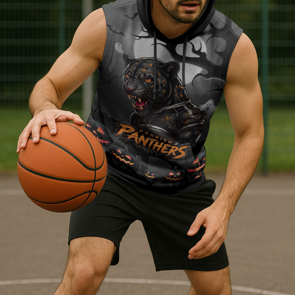 Custom Halloween Penrith Panthers Sleeveless Hoodie Spooky Australia Mascot Rugby