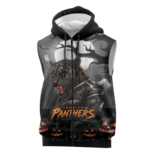 Custom Halloween Penrith Panthers Sleeveless Zip Hoodie Spooky Australia Mascot Rugby