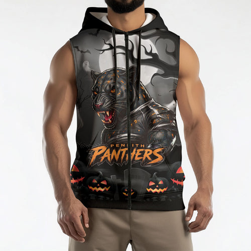 Custom Halloween Penrith Panthers Sleeveless Zip Hoodie Spooky Australia Mascot Rugby