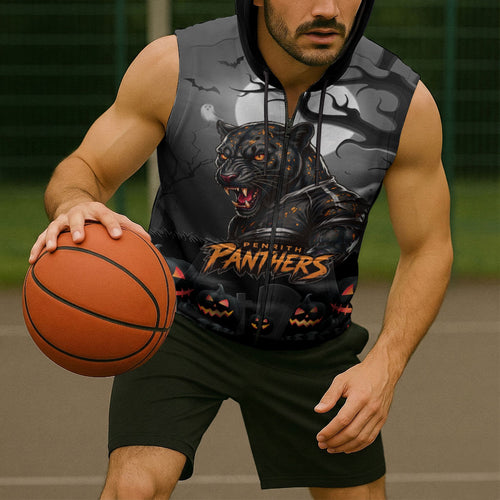Custom Halloween Penrith Panthers Sleeveless Zip Hoodie Spooky Australia Mascot Rugby