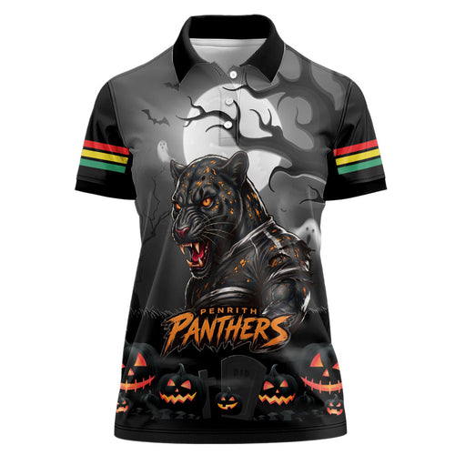 Custom Halloween Penrith Panthers Women Polo Shirt Spooky Australia Mascot Rugby