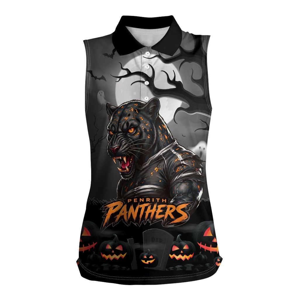 Custom Halloween Penrith Panthers Women Sleeveless Polo Shirt Spooky Australia Mascot Rugby