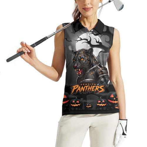 Custom Halloween Penrith Panthers Women Sleeveless Polo Shirt Spooky Australia Mascot Rugby
