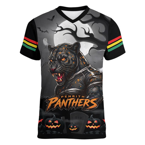 Custom Halloween Penrith Panthers Women V-Neck T-Shirt Spooky Australia Mascot Rugby