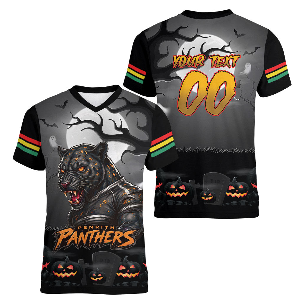 Custom Halloween Penrith Panthers Women V-Neck T-Shirt Spooky Australia Mascot Rugby