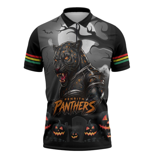 Custom Halloween Penrith Panthers Zipper Polo Shirt Spooky Australia Mascot Rugby
