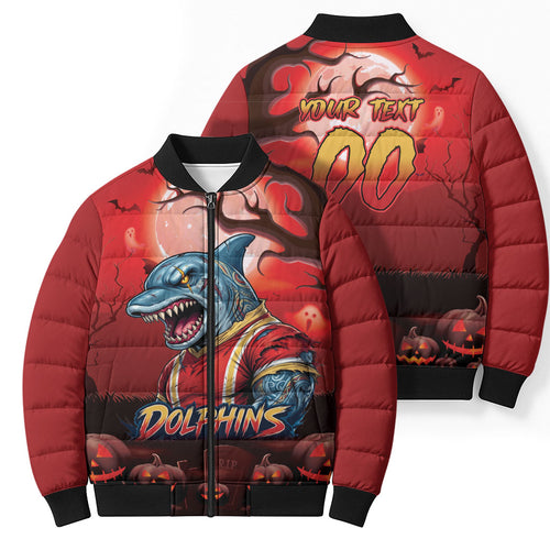 Custom Halloween Redcliffe Dolphins Bomber Puffer Jacket Spooky Australia Mascot Rugby