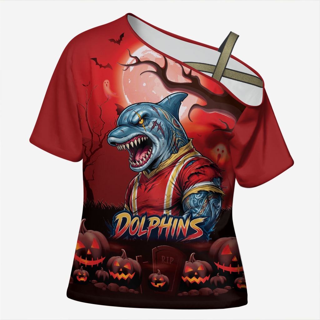 Custom Halloween Redcliffe Dolphins Cross Shoulder Shirt Spooky Australia Mascot Rugby