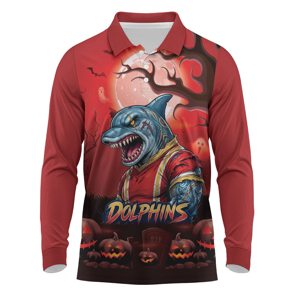 Custom Halloween Redcliffe Dolphins Long Sleeve Polo Shirt Spooky Australia Mascot Rugby