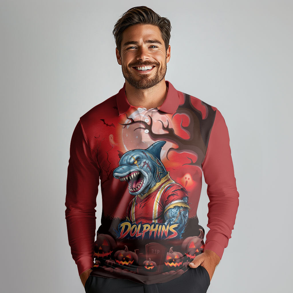 Custom Halloween Redcliffe Dolphins Long Sleeve Polo Shirt Spooky Australia Mascot Rugby
