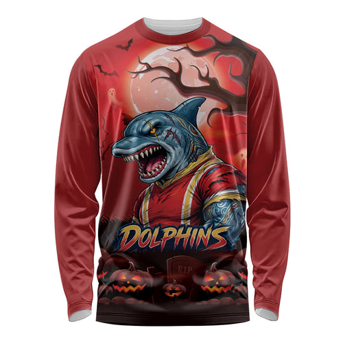Custom Halloween Redcliffe Dolphins Long Sleeve Shirt Spooky Australia Mascot Rugby
