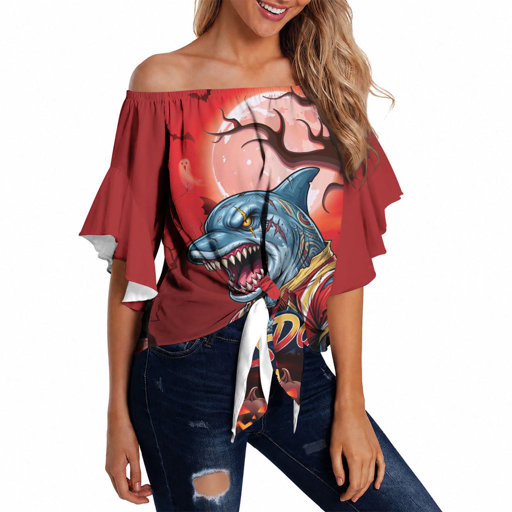 Custom Halloween Redcliffe Dolphins Off Shoulder Wrap Waist Top Spooky Australia Mascot Rugby