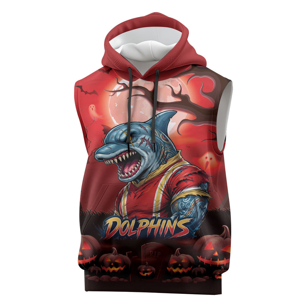Custom Halloween Redcliffe Dolphins Sleeveless Hoodie Spooky Australia Mascot Rugby