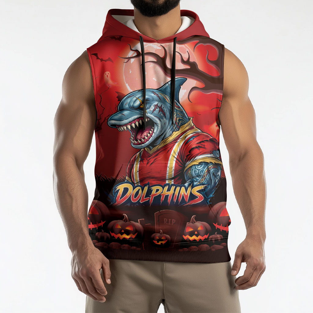Custom Halloween Redcliffe Dolphins Sleeveless Hoodie Spooky Australia Mascot Rugby