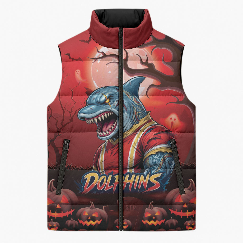 Custom Halloween Redcliffe Dolphins Sleeveless Puffer Jacket Spooky Australia Mascot Rugby