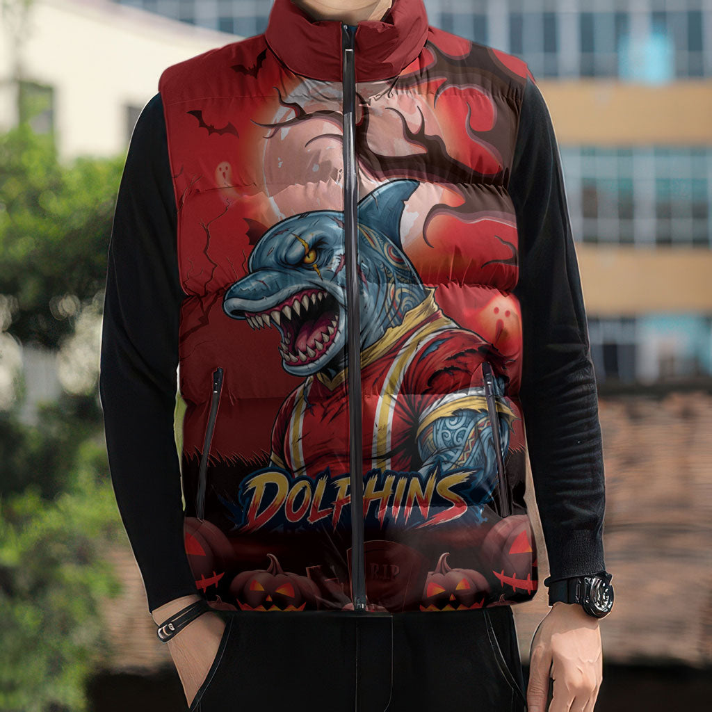 Custom Halloween Redcliffe Dolphins Sleeveless Puffer Jacket Spooky Australia Mascot Rugby