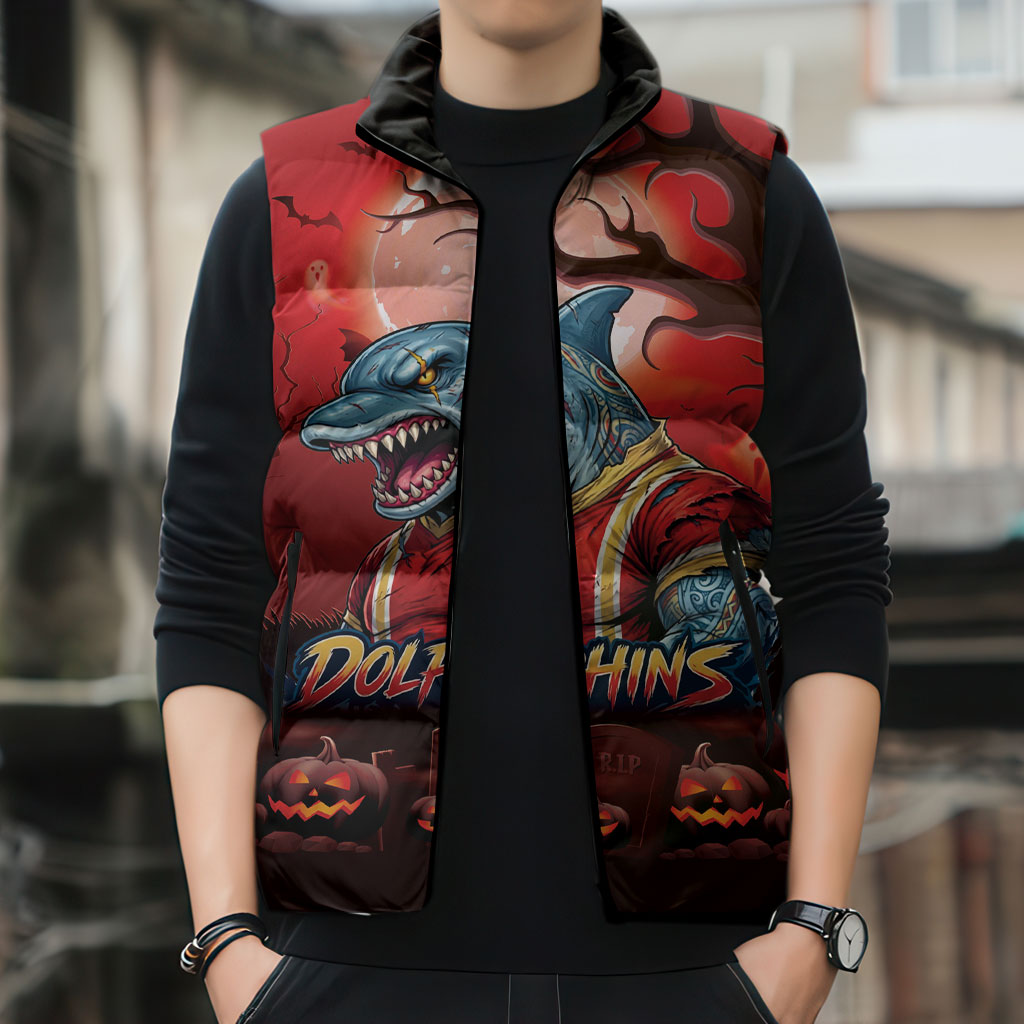 Custom Halloween Redcliffe Dolphins Sleeveless Puffer Jacket Spooky Australia Mascot Rugby