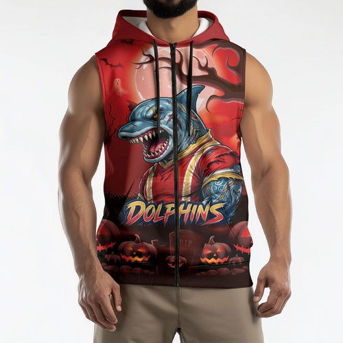 Custom Halloween Redcliffe Dolphins Sleeveless Zip Hoodie Spooky Australia Mascot Rugby