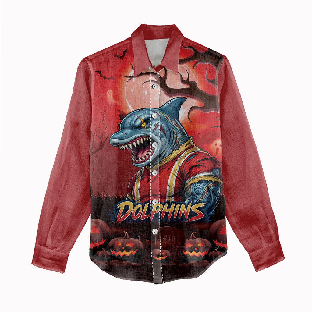 Custom Halloween Redcliffe Dolphins Women Casual Shirt Spooky Australia Mascot Rugby