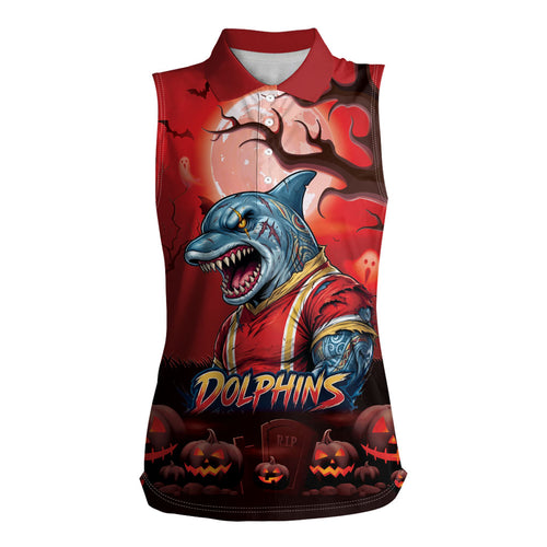 Custom Halloween Redcliffe Dolphins Women Sleeveless Polo Shirt Spooky Australia Mascot Rugby