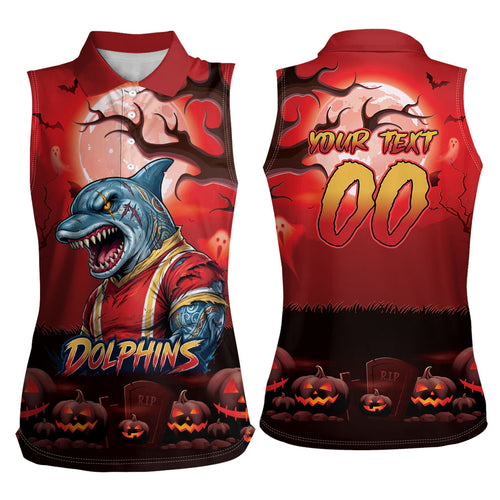 Custom Halloween Redcliffe Dolphins Women Sleeveless Polo Shirt Spooky Australia Mascot Rugby