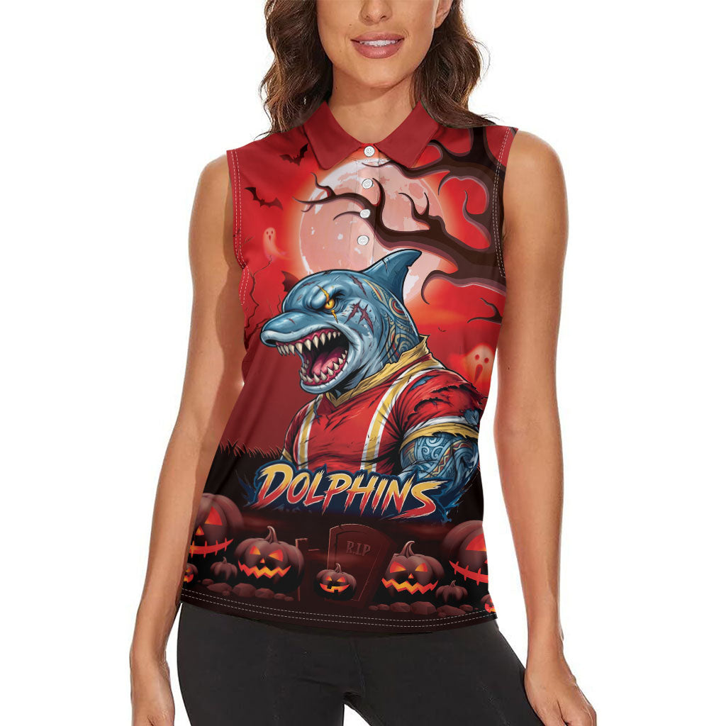 Custom Halloween Redcliffe Dolphins Women Sleeveless Polo Shirt Spooky Australia Mascot Rugby