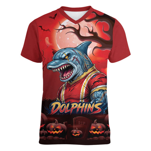 Custom Halloween Redcliffe Dolphins Women V-Neck T-Shirt Spooky Australia Mascot Rugby