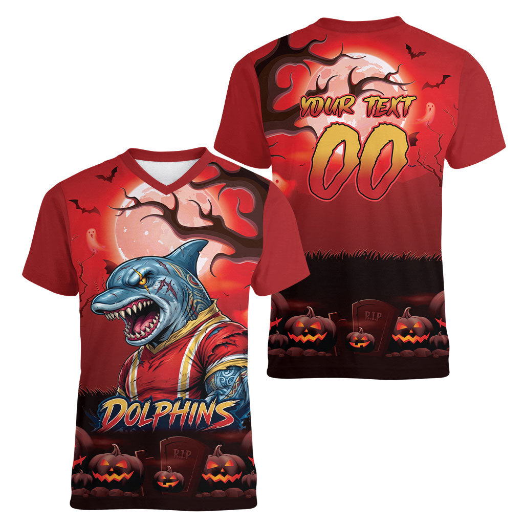 Custom Halloween Redcliffe Dolphins Women V-Neck T-Shirt Spooky Australia Mascot Rugby