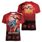 Custom Halloween Redcliffe Dolphins Women V-Neck T-Shirt Spooky Australia Mascot Rugby