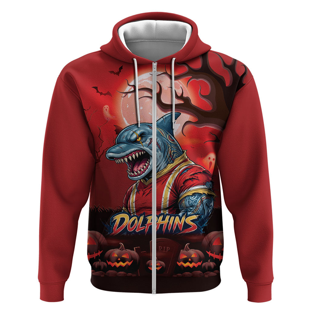 Custom Halloween Redcliffe Dolphins Zip Hoodie Spooky Australia Mascot Rugby