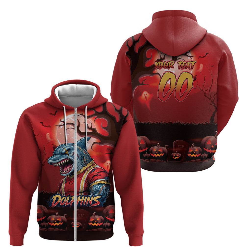 Custom Halloween Redcliffe Dolphins Zip Hoodie Spooky Australia Mascot Rugby