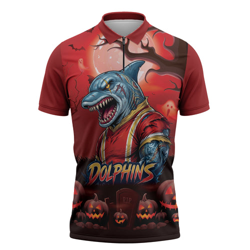 Custom Halloween Redcliffe Dolphins Zipper Polo Shirt Spooky Australia Mascot Rugby