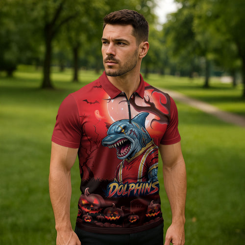 Custom Halloween Redcliffe Dolphins Zipper Polo Shirt Spooky Australia Mascot Rugby