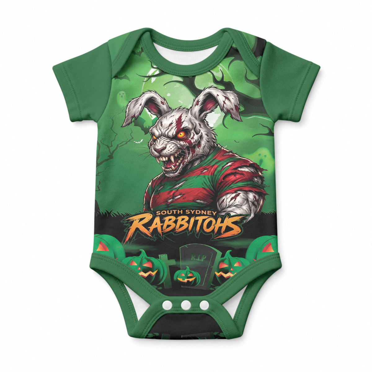 Custom Halloween South Sydney Rabbitohs Baby Onesie Spooky Australia Mascot Rugby