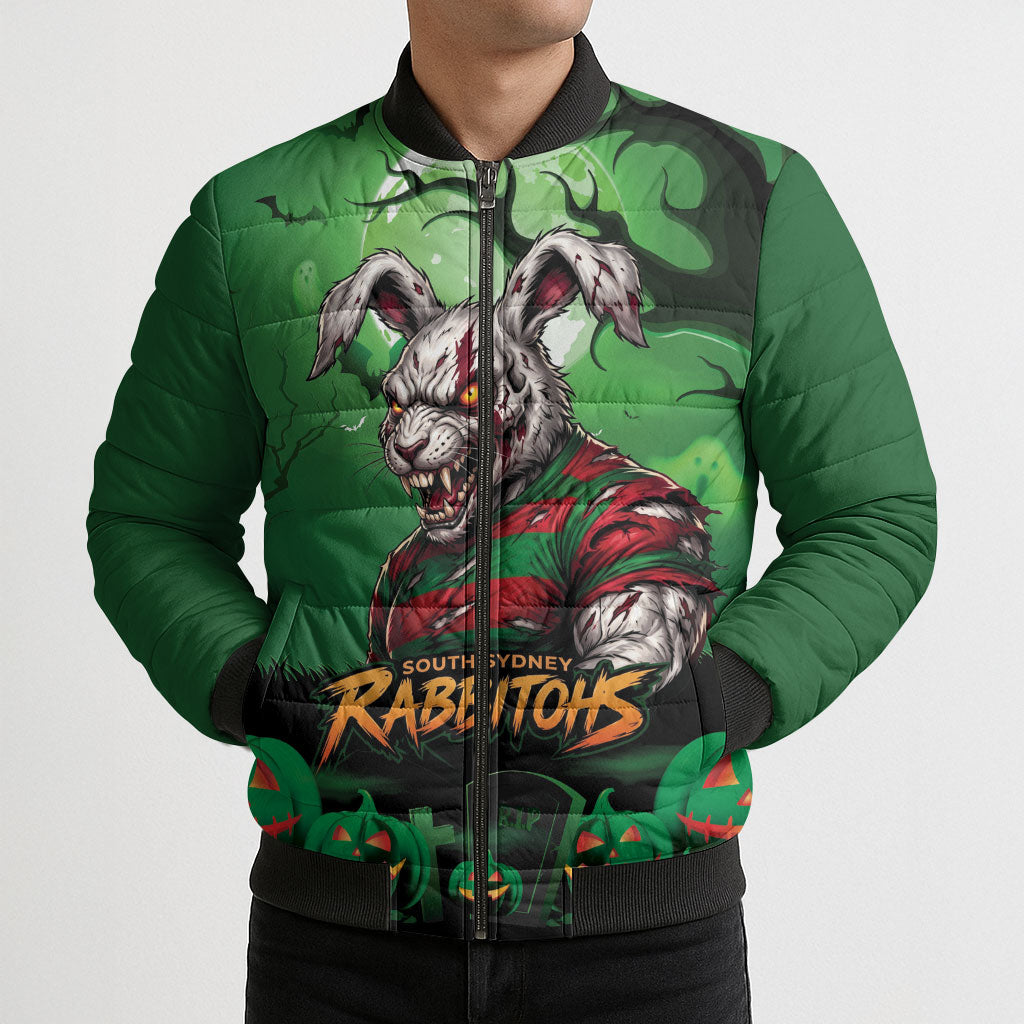 Custom Halloween South Sydney Rabbitohs Bomber Puffer Jacket Spooky Australia Mascot Rugby