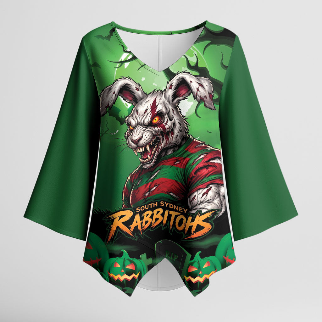 Custom Halloween South Sydney Rabbitohs Kimono Sleeve Blouse Spooky Australia Mascot Rugby