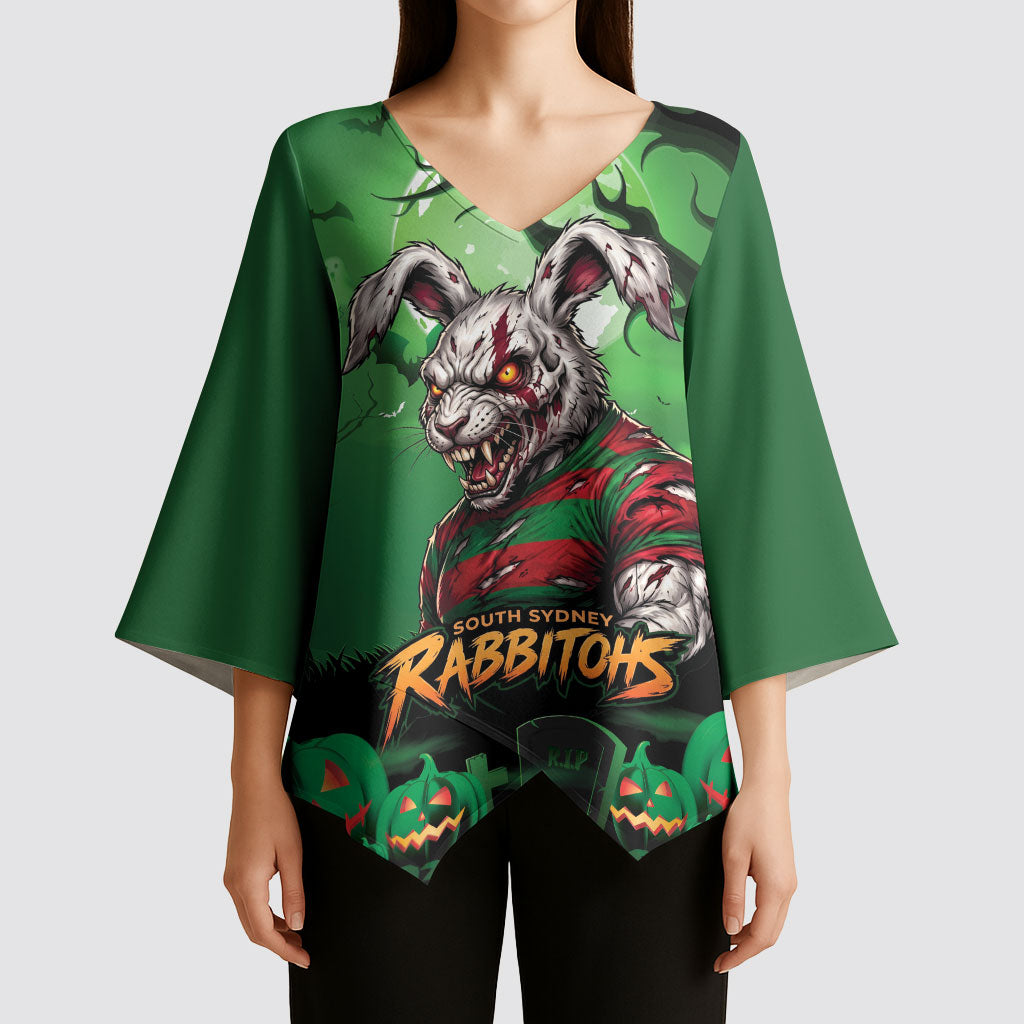 Custom Halloween South Sydney Rabbitohs Kimono Sleeve Blouse Spooky Australia Mascot Rugby