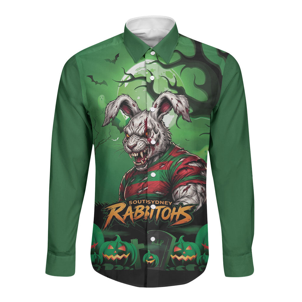 Custom Halloween South Sydney Rabbitohs Long Sleeve Button Shirt Spooky Australia Mascot Rugby