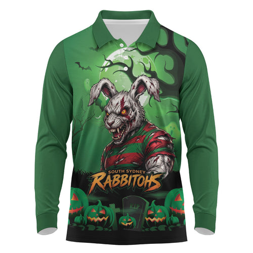 Custom Halloween South Sydney Rabbitohs Long Sleeve Polo Shirt Spooky Australia Mascot Rugby