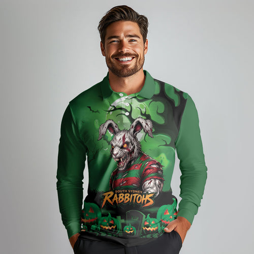Custom Halloween South Sydney Rabbitohs Long Sleeve Polo Shirt Spooky Australia Mascot Rugby