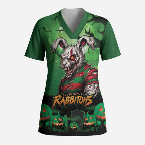 Custom Halloween South Sydney Rabbitohs Scrub Top Spooky Australia Mascot Rugby